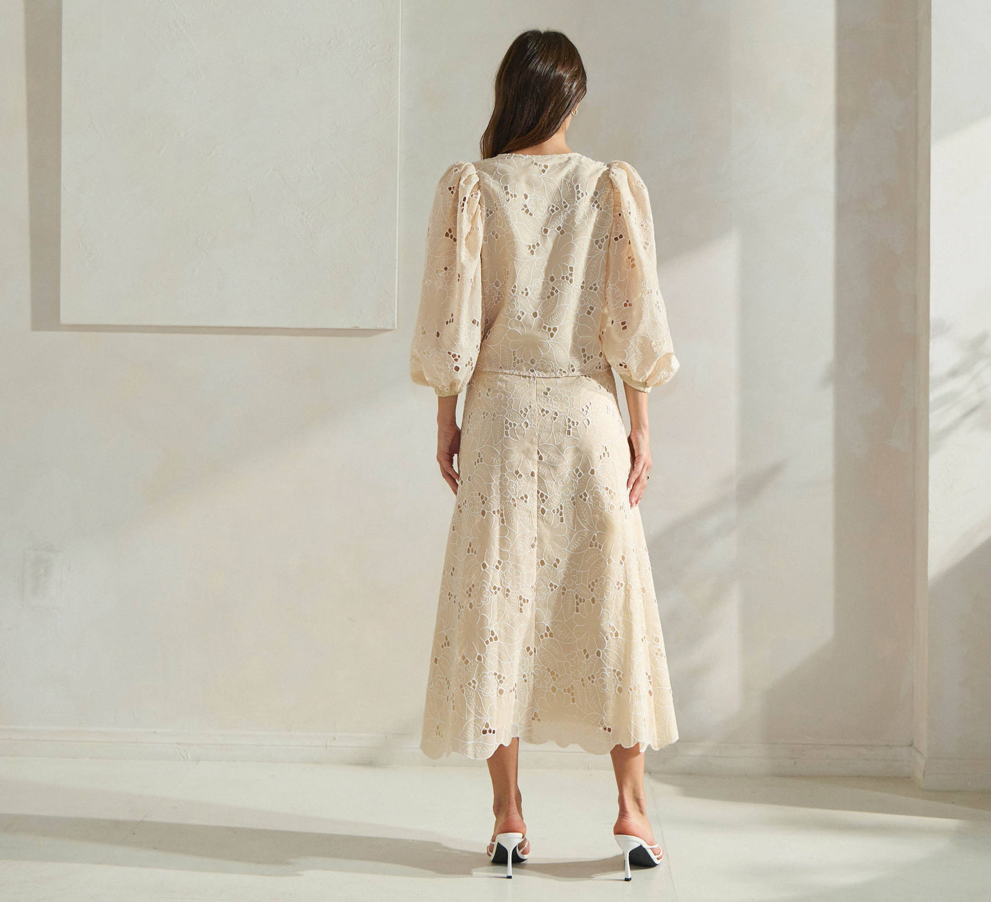 Able - Floral Eyelet-Embroidered Top: Butter Cream / L