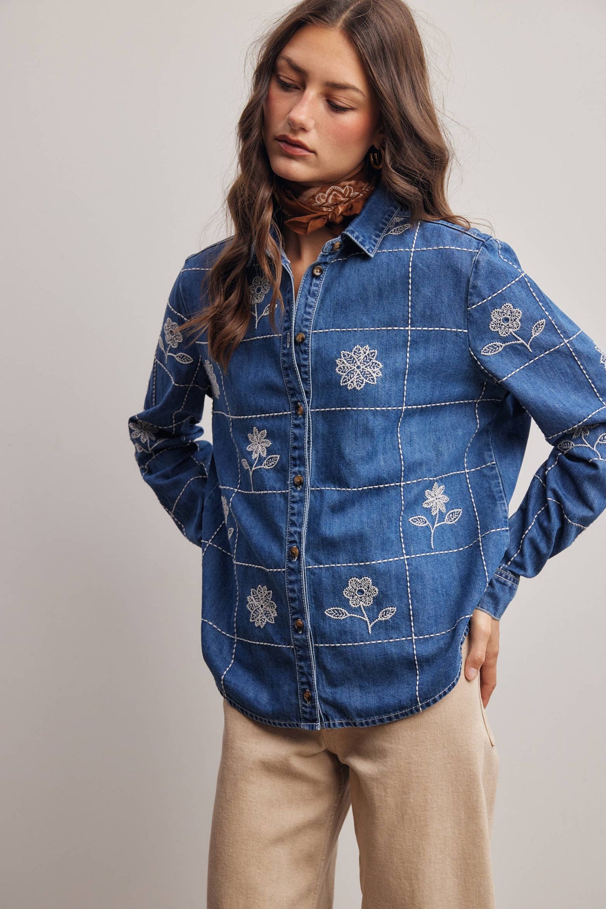 Embroidered Grid Denim Shirt
