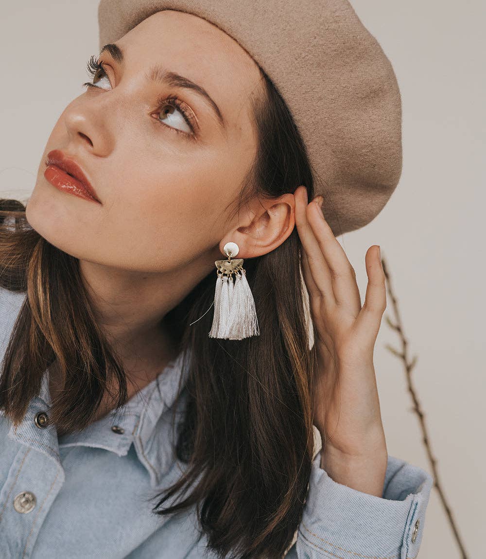 Matr Boomie Fair Trade - Danu Long White Tassel Drop Earrings