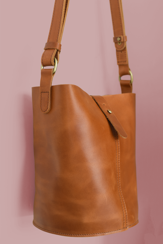 Leather Bucket Bag in Brown with Adjustable Strap