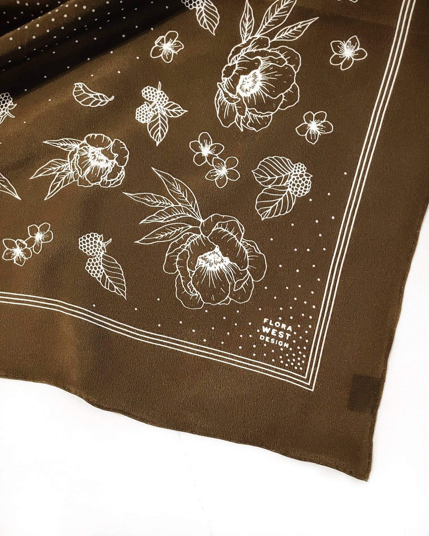 Flora West Design - 100% Silk Bandana Scarf - Classic Deep Olive Floral Western