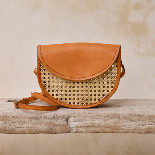 Rattan Cane Weave Rattan Half Circle Crossbody Bag