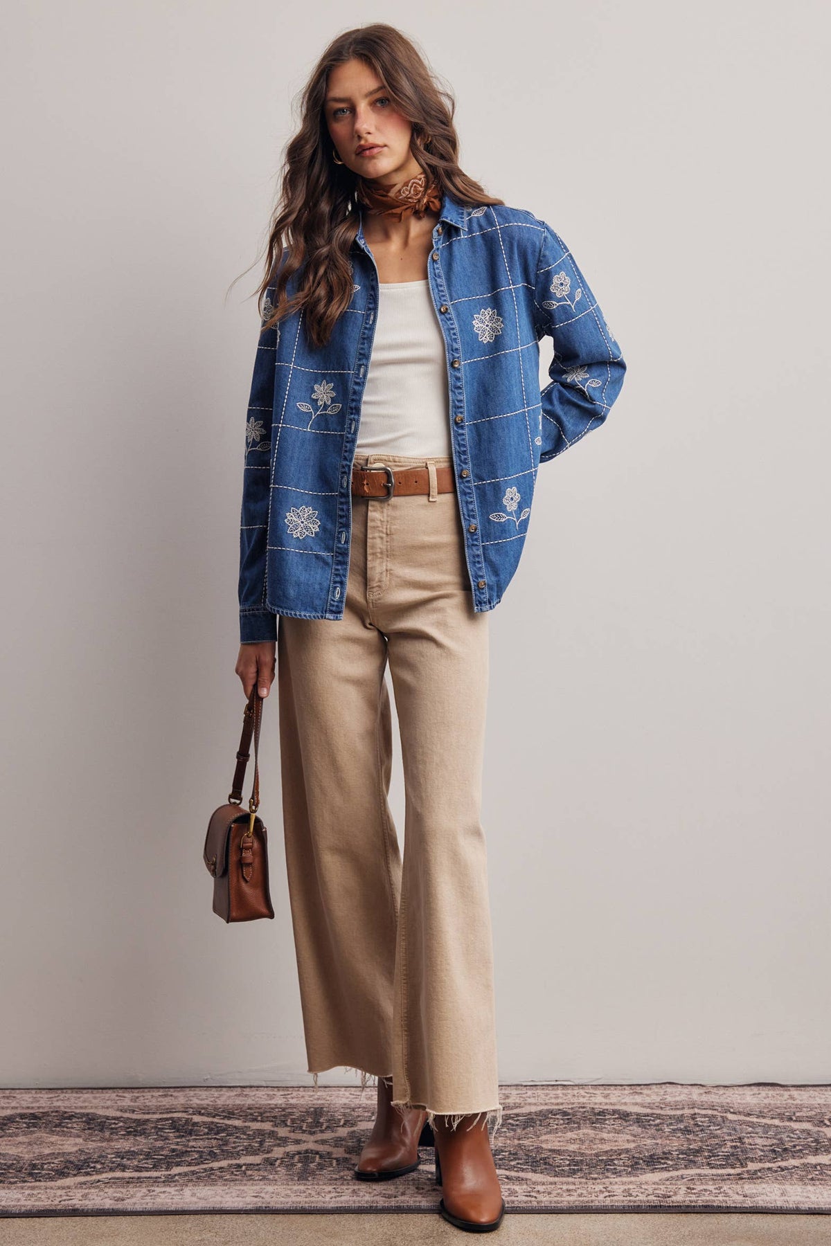 Embroidered Grid Denim Shirt