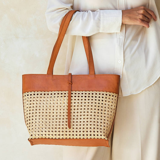 Rattan Cane Weave Tote Bag with Brown Leather Trim - Medium