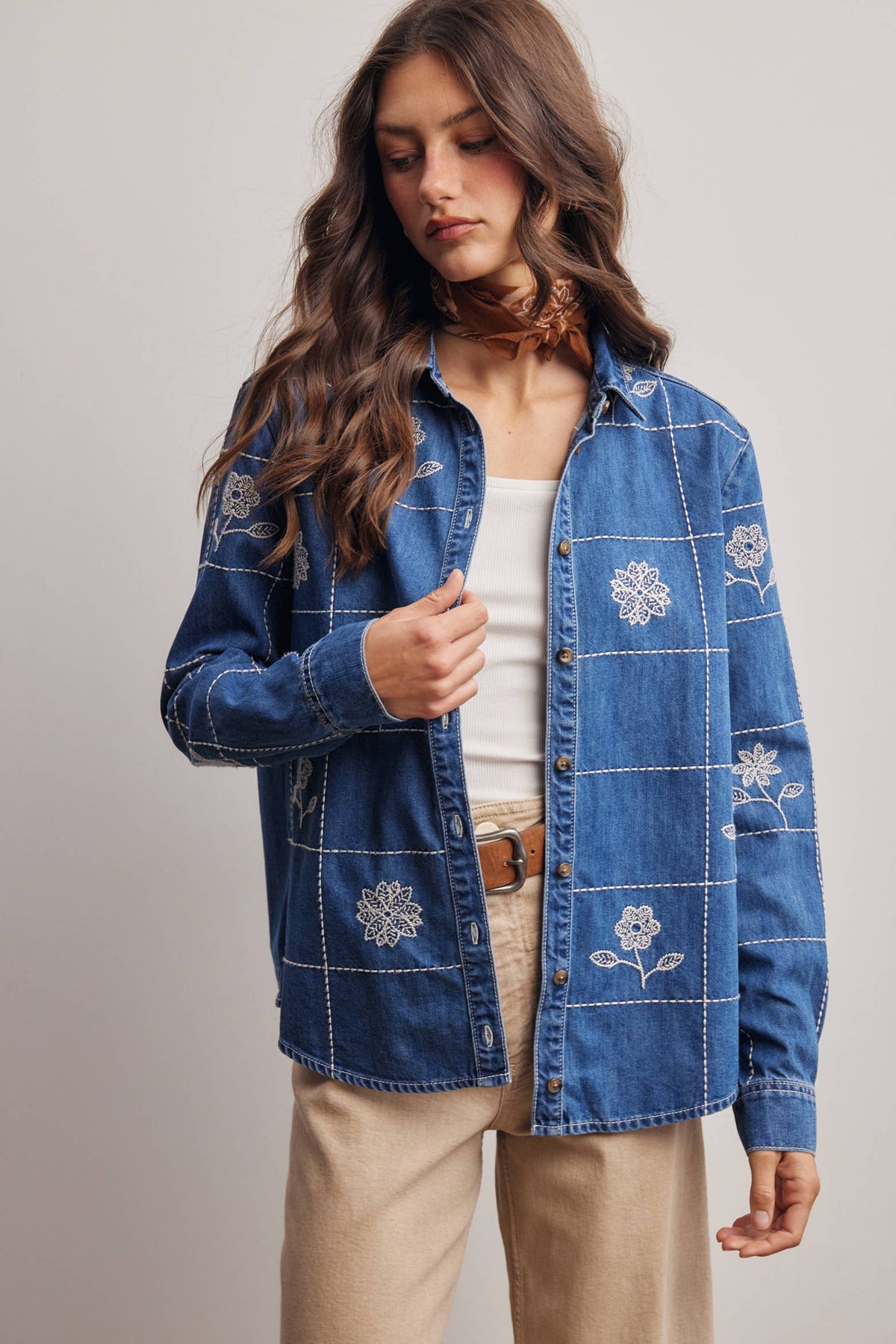 Embroidered Grid Denim Shirt