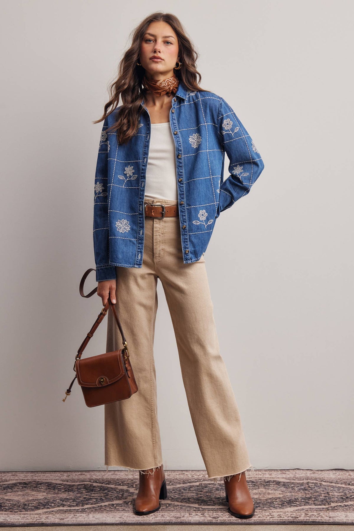 Embroidered Grid Denim Shirt