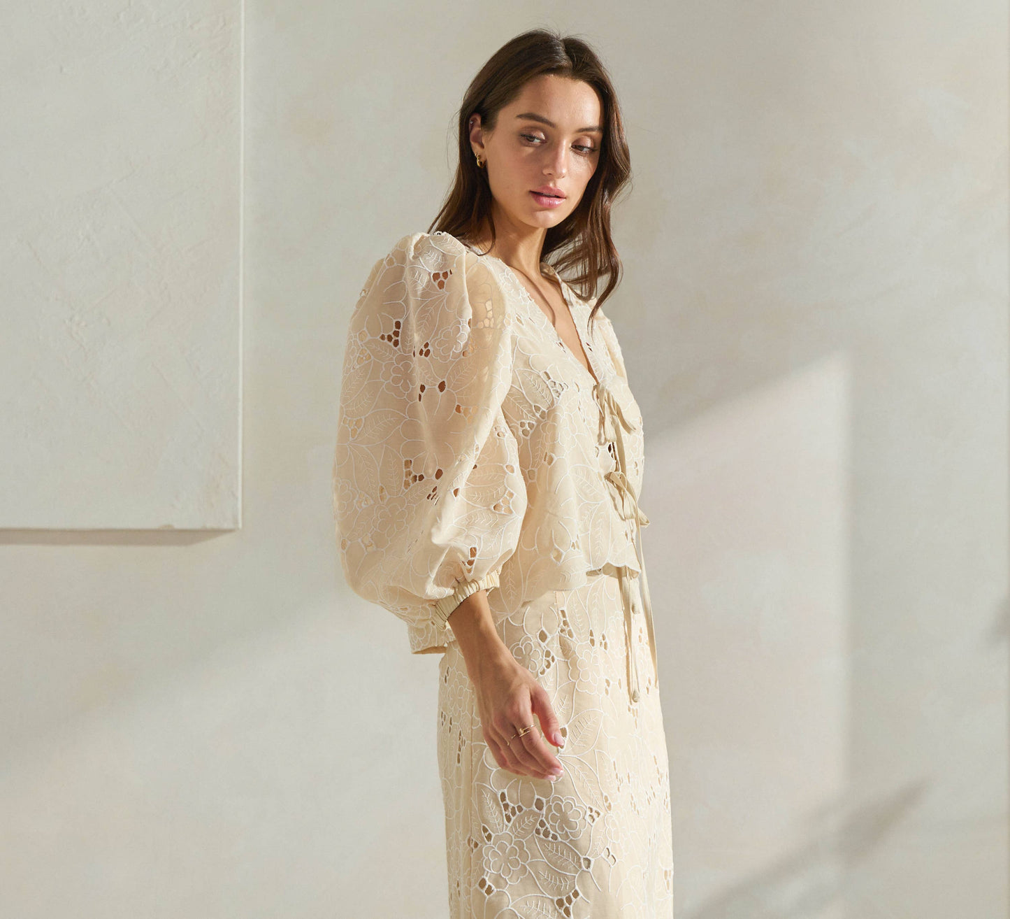 Able - Floral Eyelet-Embroidered Top: Butter Cream / L