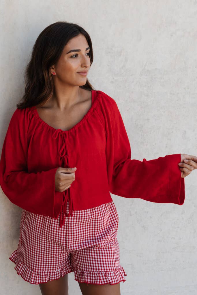 Red Linen Blend Top: L/XL