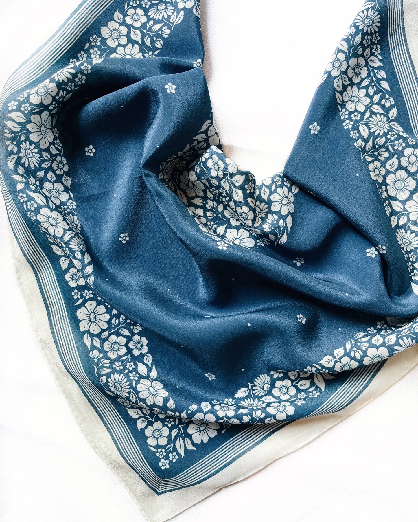Flora West Design - 100% Silk Bandana Scarf -Santorini Floral China Blue Western