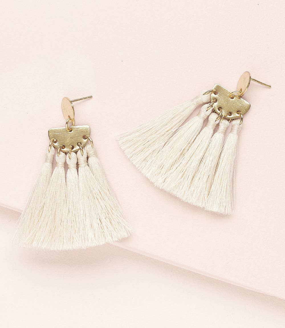 Matr Boomie Fair Trade - Danu Long White Tassel Drop Earrings