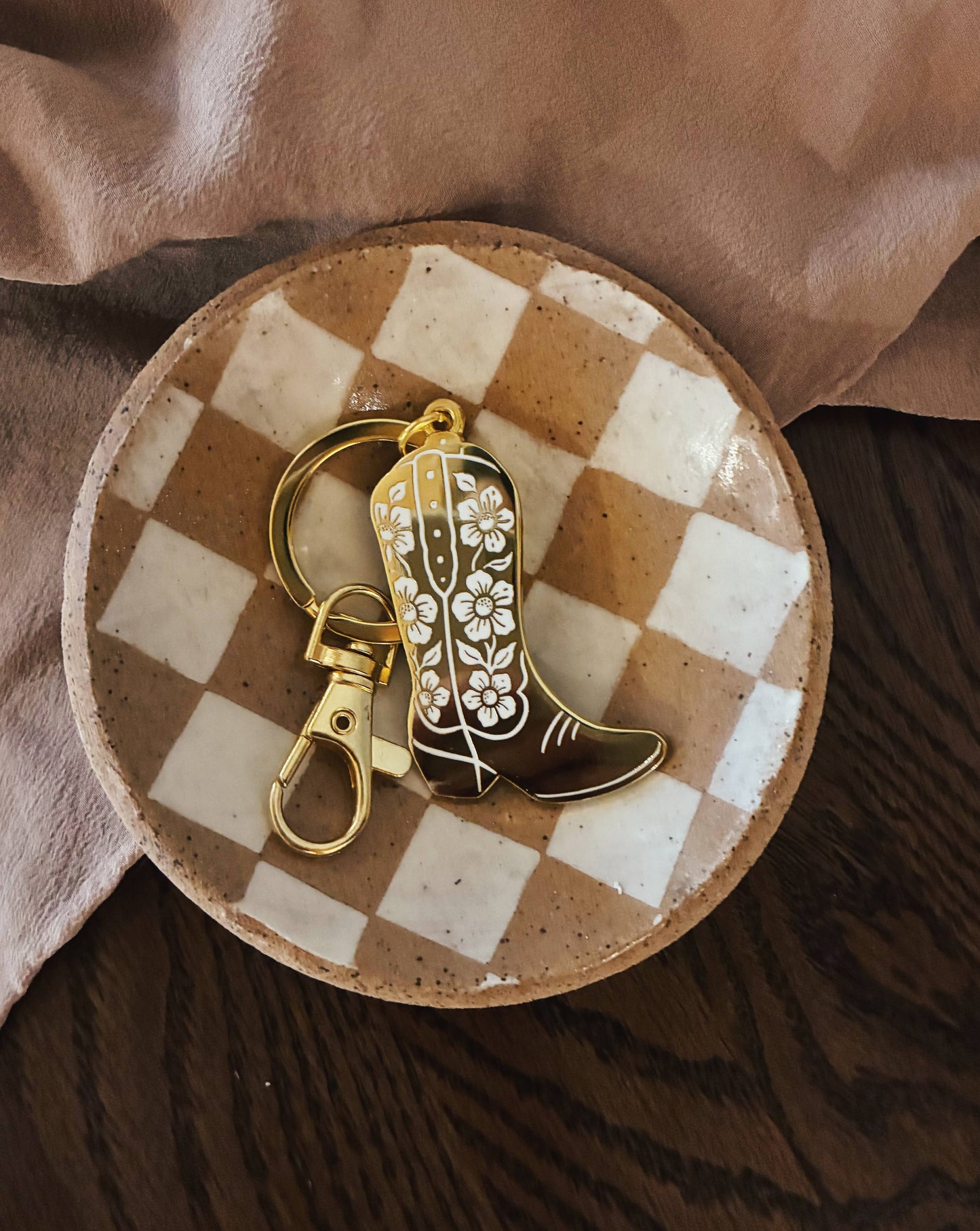 Flora West Design - Cowboy Boot Keychain – Gold Enamel Accessory for Bags or Key