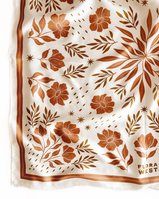 Flora West Design - 100% Silk Bandana Scarf - Desert Floral Western Earth Tones