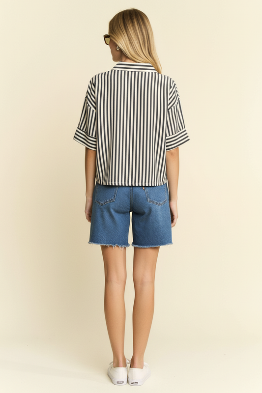 STRIPE COLLAR SHORT SLEEVES SHIRT: CEMENT / L