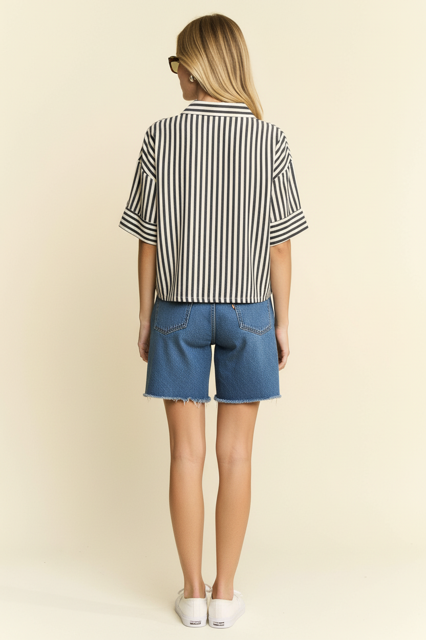 JADE BY JANE - STRIPE COLLAR SHORT SLEEVES SHIRT: CEMENT / XL