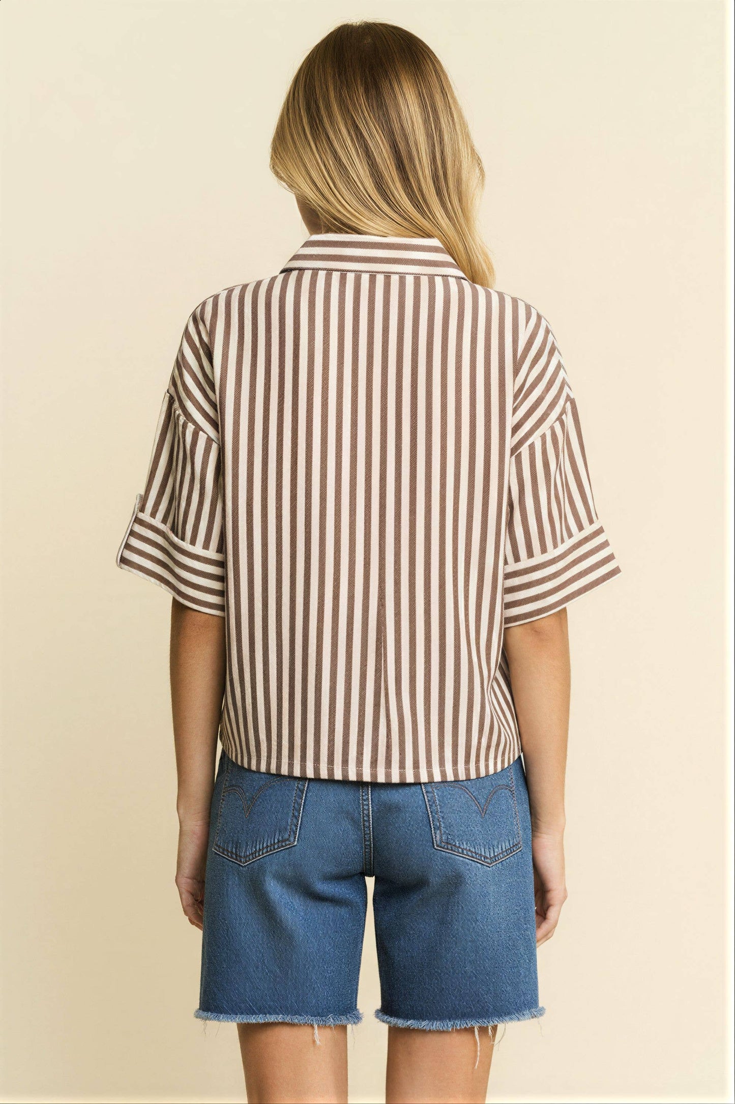 JADE BY JANE - STRIPE COLLAR SHORT SLEEVES SHIRT: CEMENT / M