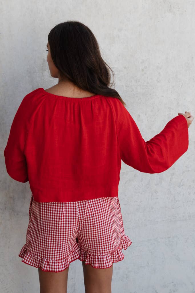 Red Linen Blend Top: S/M