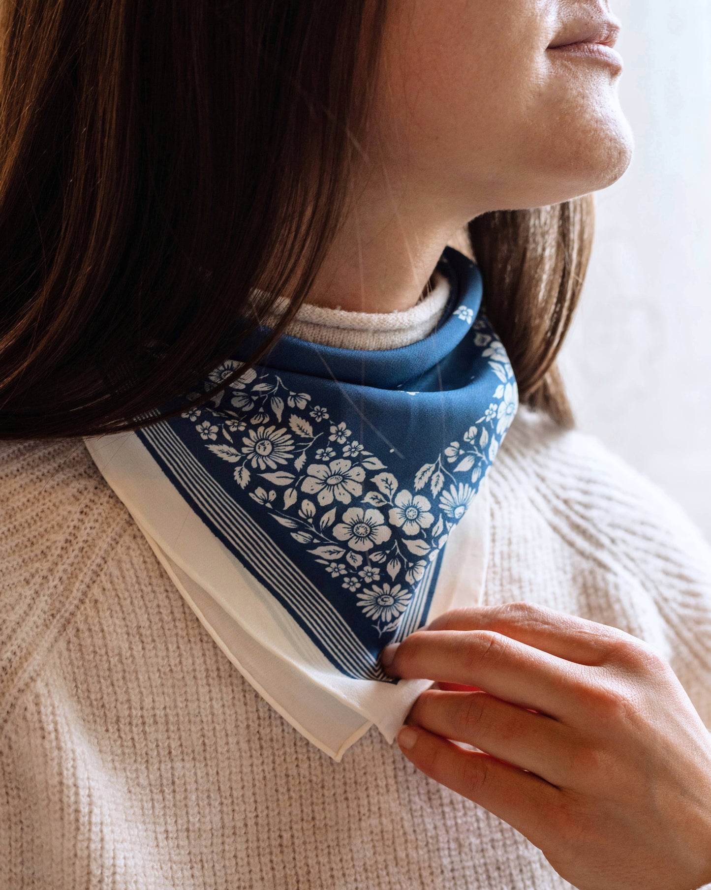 Flora West Design - 100% Silk Bandana Scarf -Santorini Floral China Blue Western