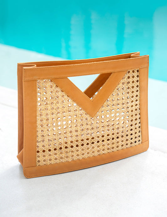 Genuine Leather and Rattan Top Handle Bag: Tan