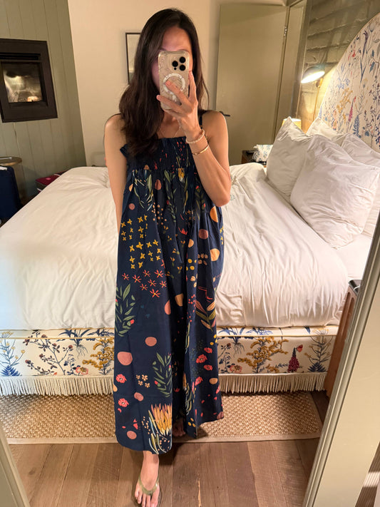 Navy Floral Print Whimsical Cotton Dress