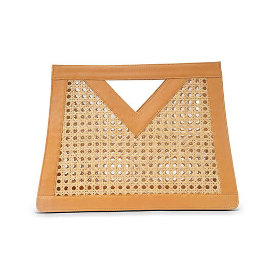 Genuine Leather and Rattan Top Handle Bag: Tan