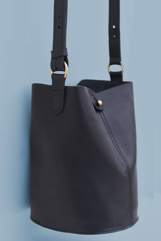 Leather Bucket Bag in Black with Adjustable Strap & Pouch