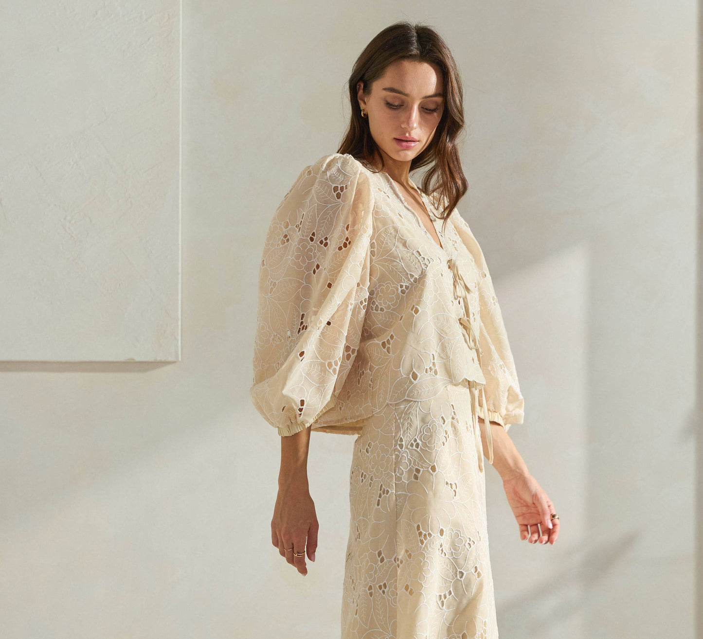 Able - Floral Eyelet-Embroidered Top: Butter Cream / L