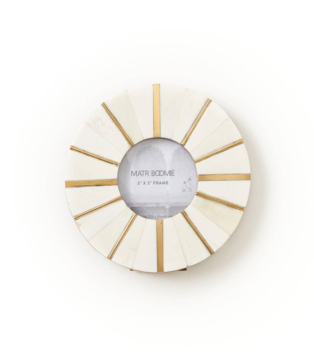 Matr Boomie Fair Trade - Mukhendu 2.5x2.5 Round Picture Frame - Bone, Brass Accents