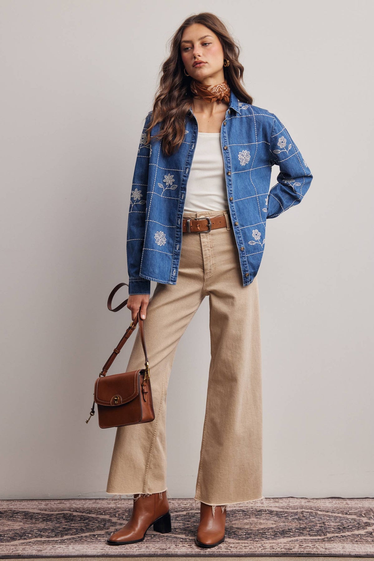 Embroidered Grid Denim Shirt