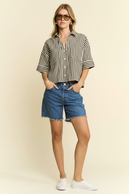 STRIPE COLLAR SHORT SLEEVES SHIRT: CEMENT / S
