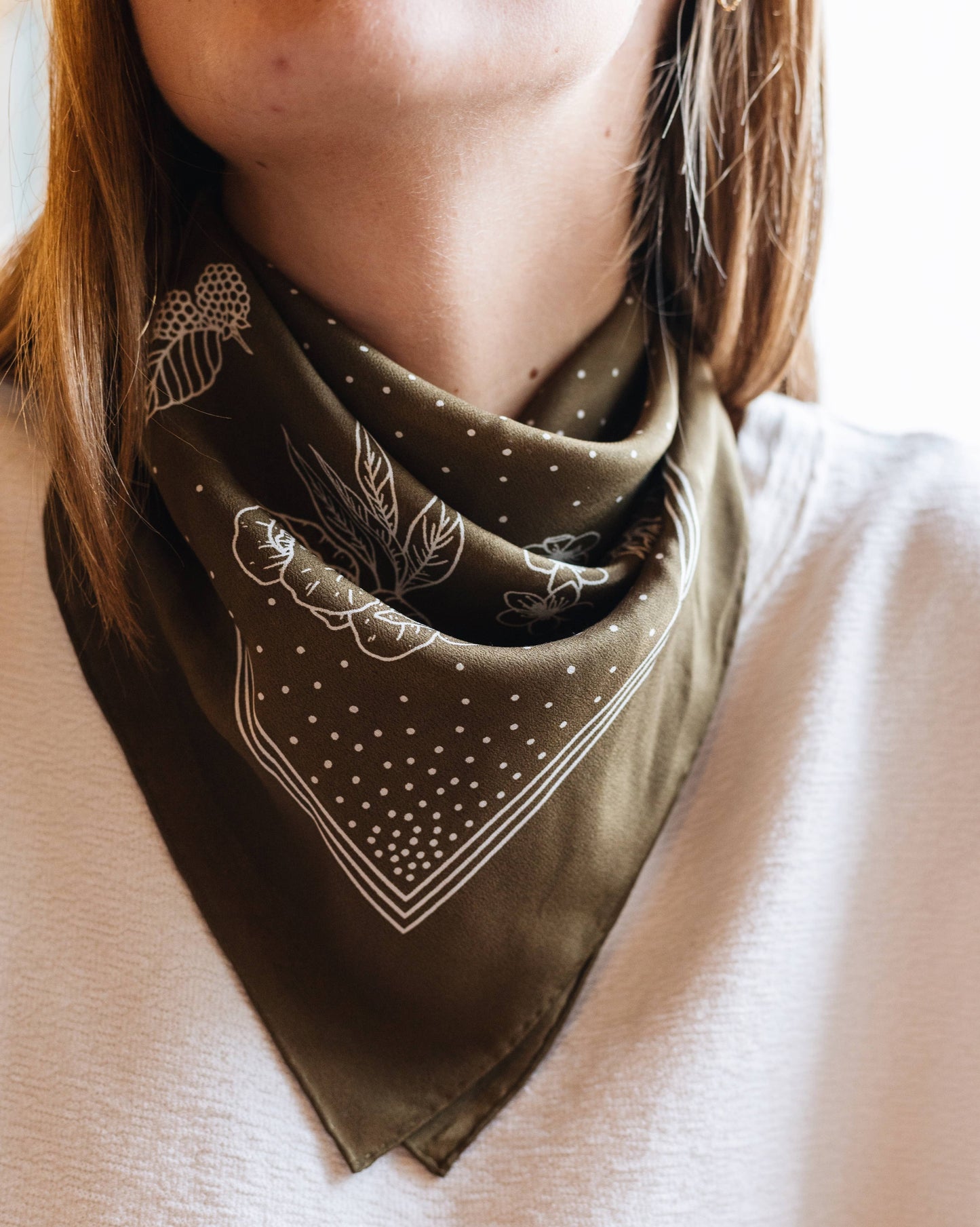 Flora West Design - 100% Silk Bandana Scarf - Classic Deep Olive Floral Western