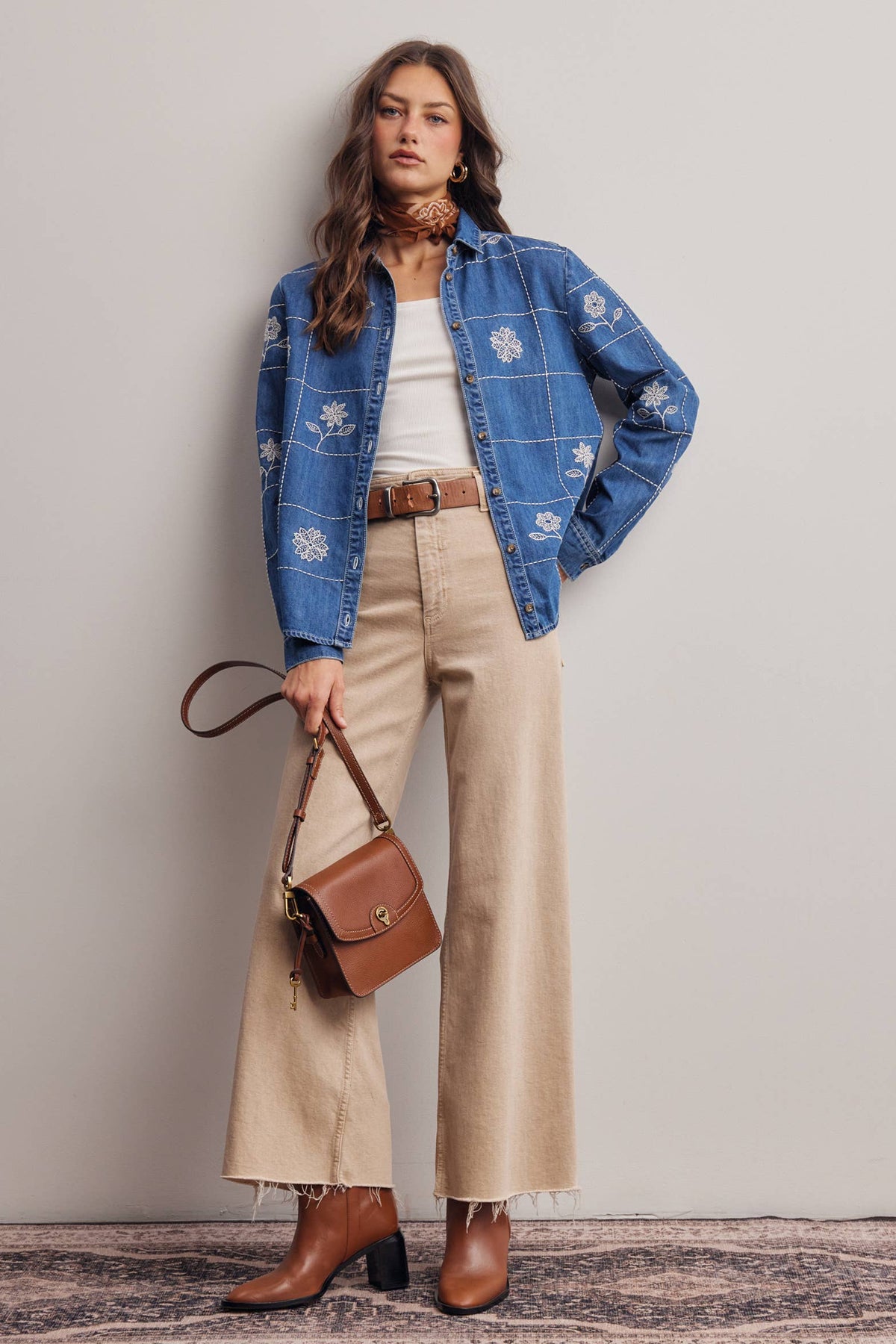 Embroidered Grid Denim Shirt