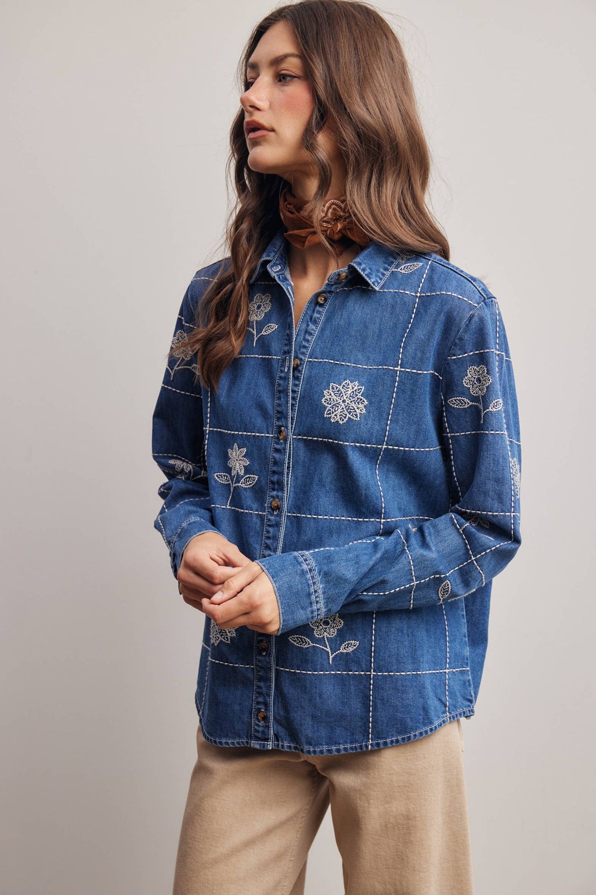Embroidered Grid Denim Shirt