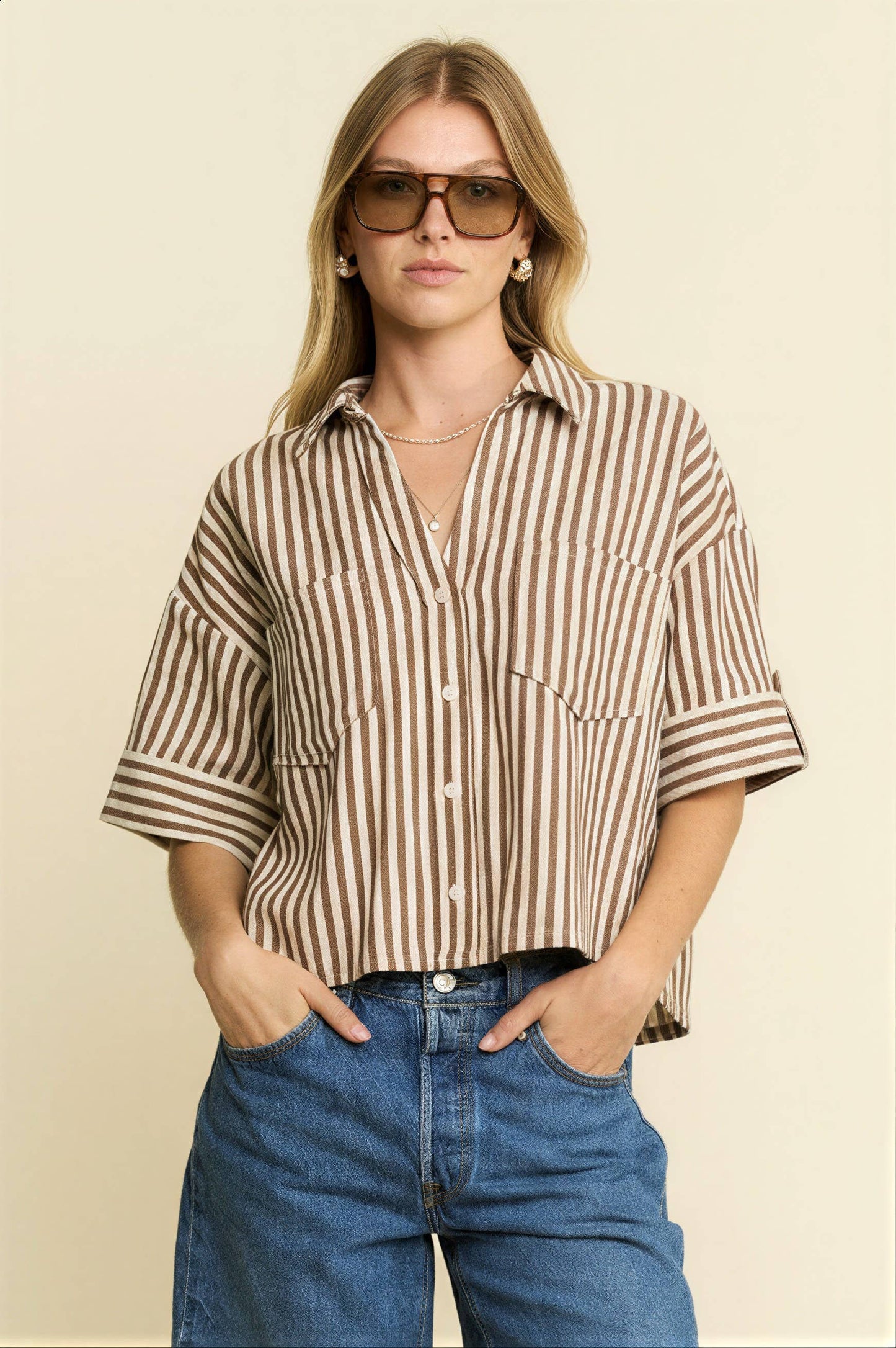 JADE BY JANE - STRIPE COLLAR SHORT SLEEVES SHIRT: CEMENT / S