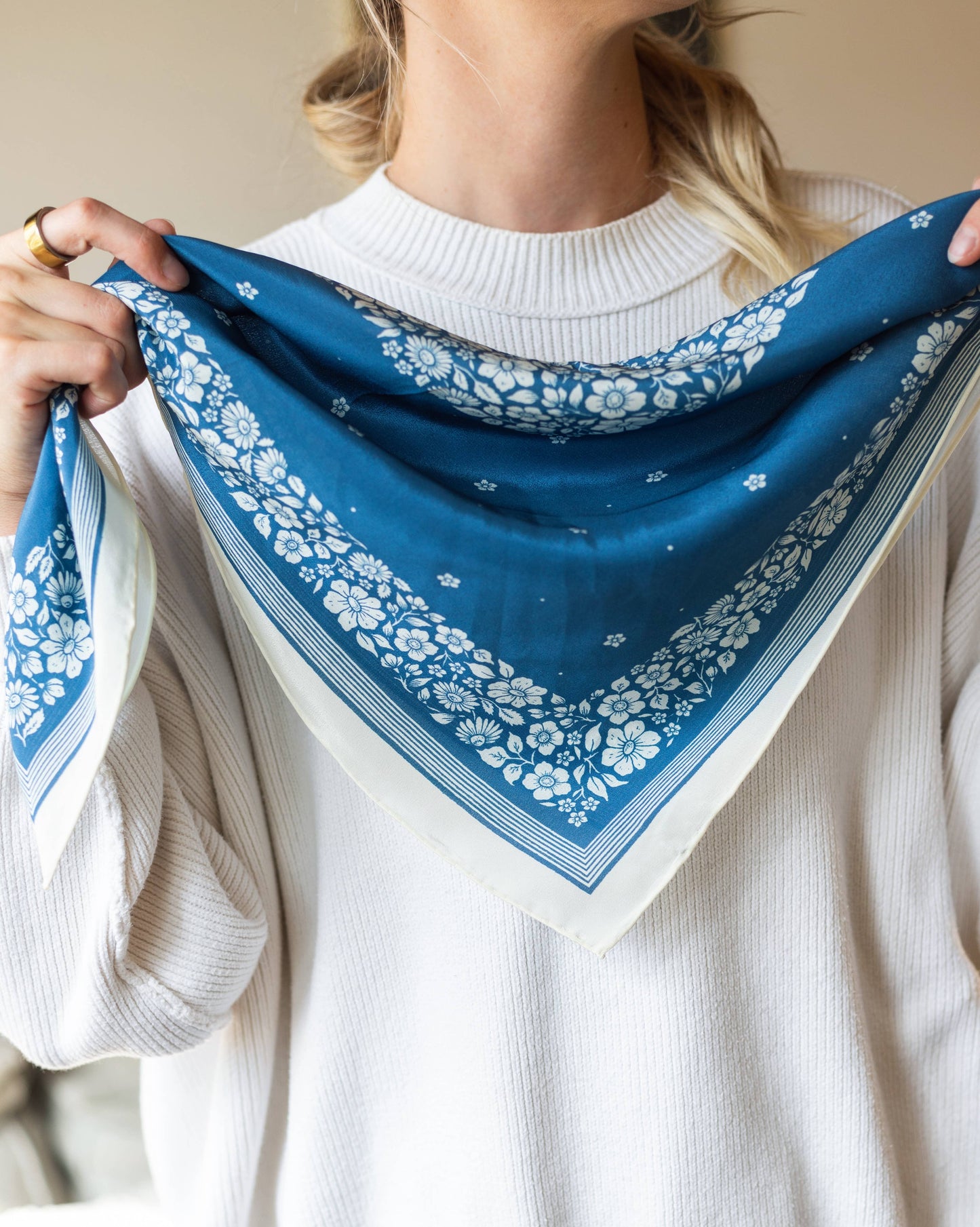 Flora West Design - 100% Silk Bandana Scarf -Santorini Floral China Blue Western