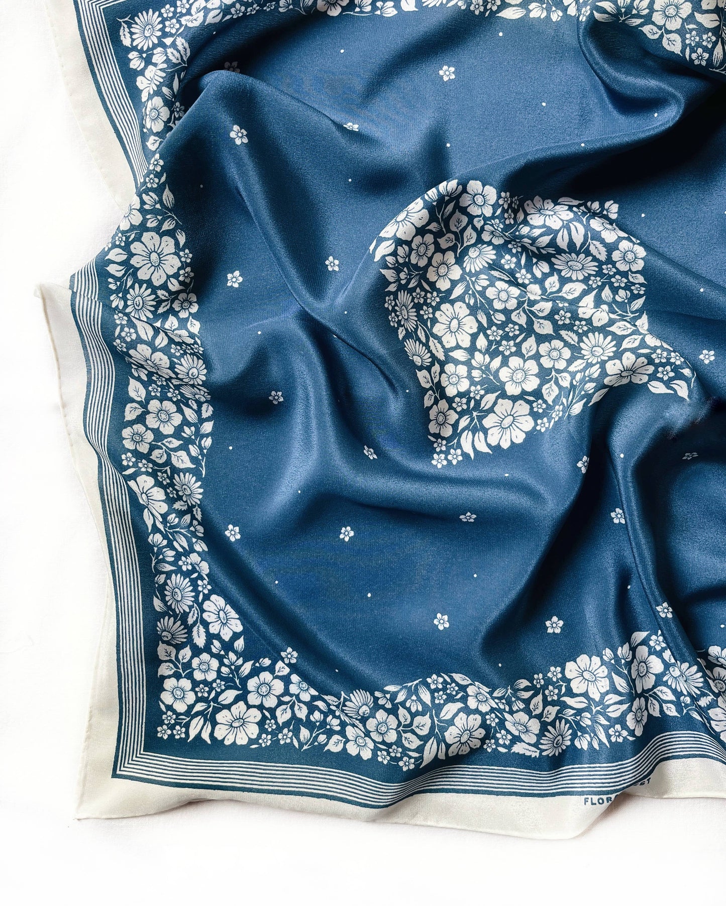 Flora West Design - 100% Silk Bandana Scarf -Santorini Floral China Blue Western