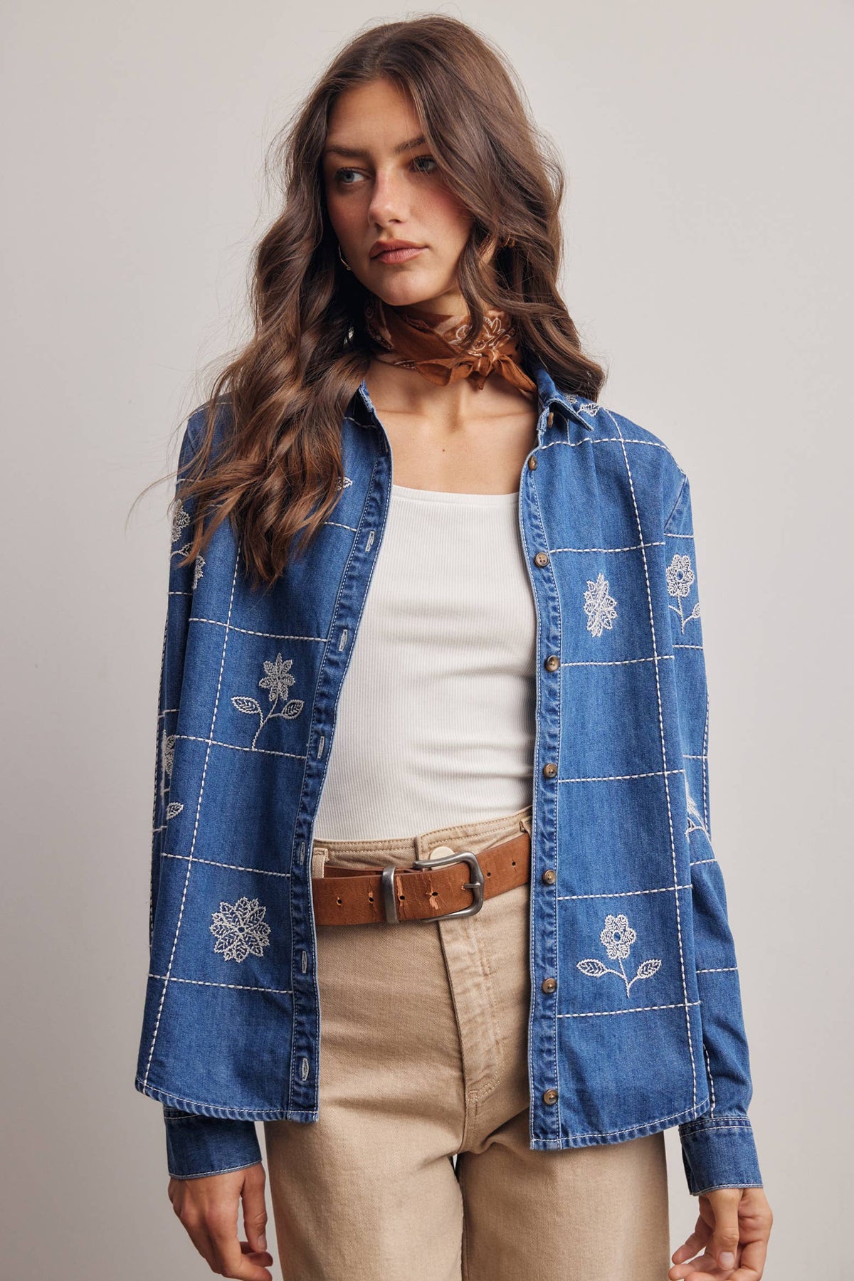 Embroidered Grid Denim Shirt