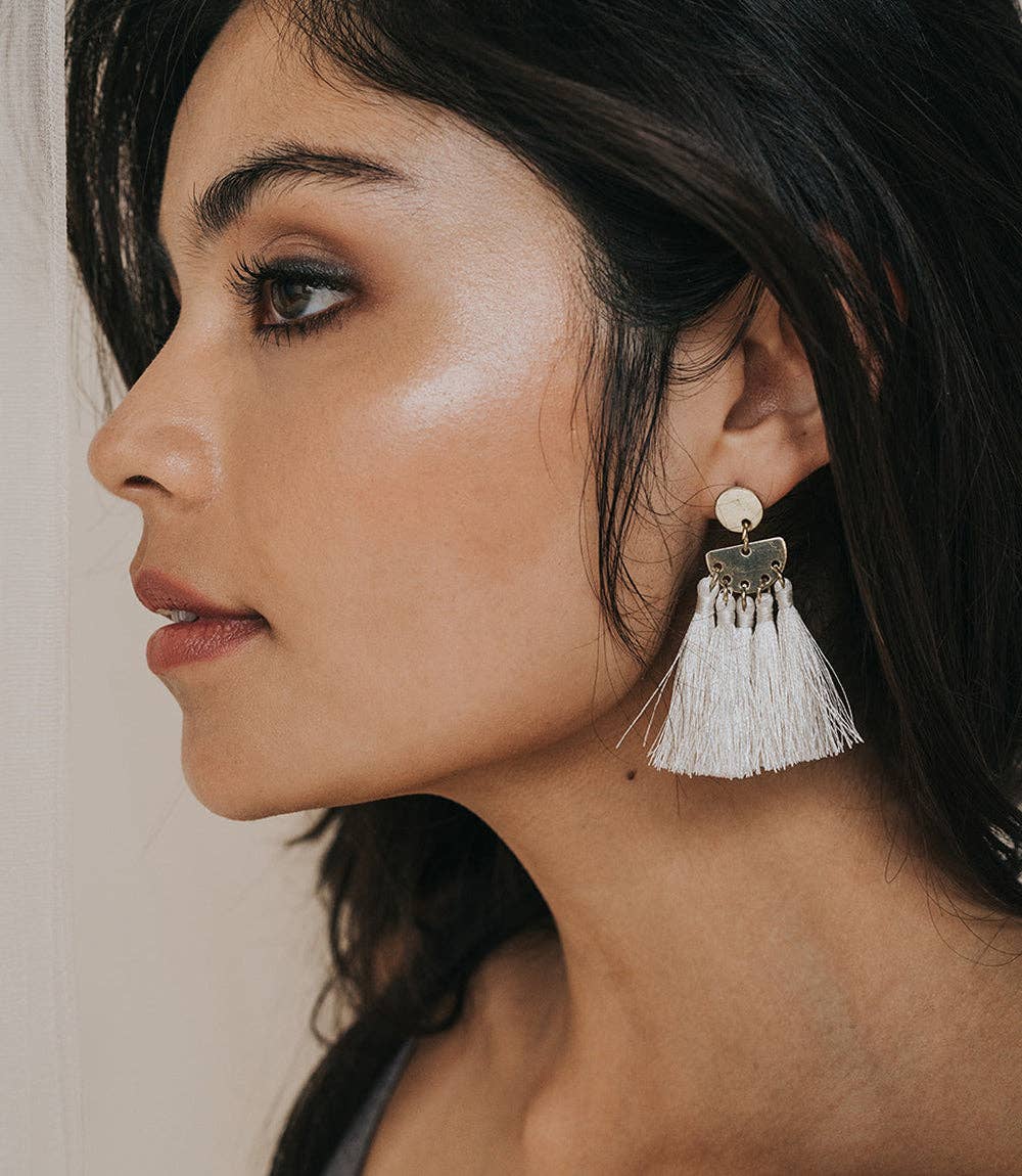 Matr Boomie Fair Trade - Danu Long White Tassel Drop Earrings