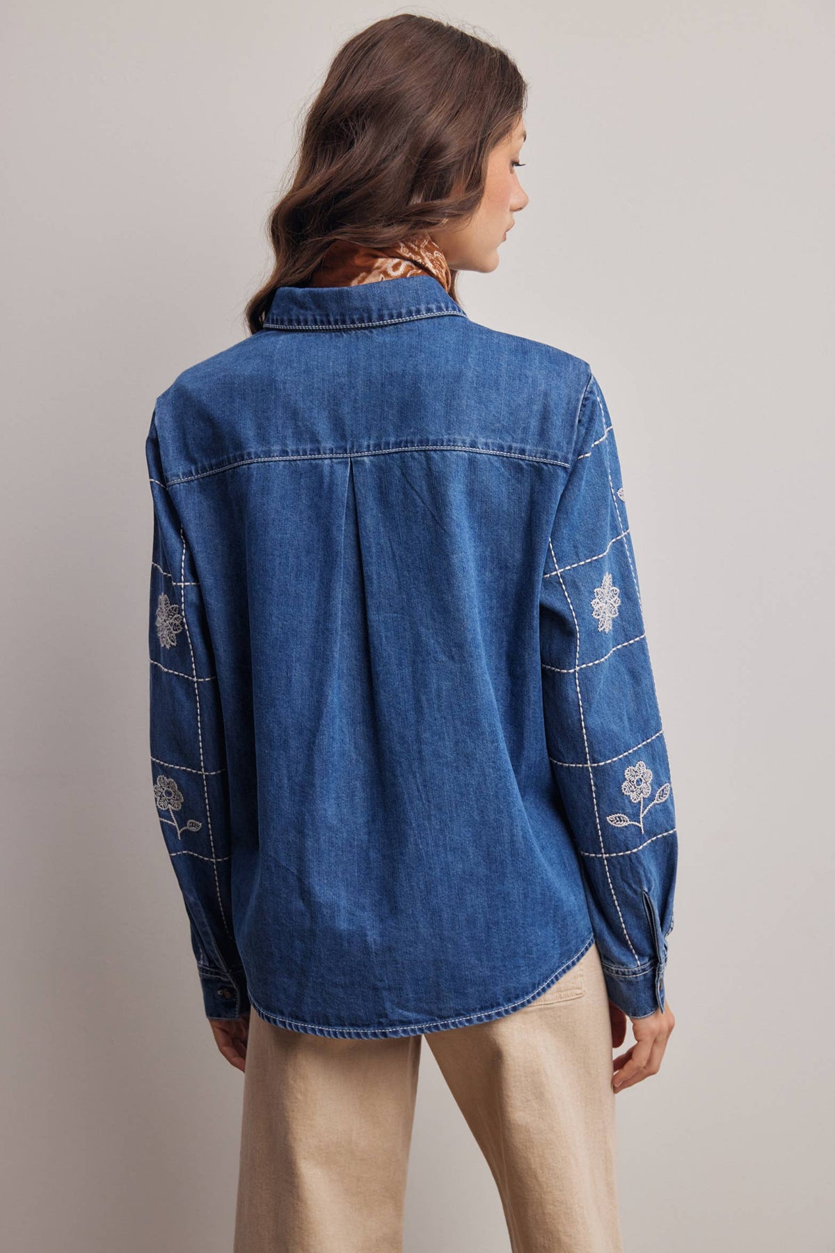 Embroidered Grid Denim Shirt
