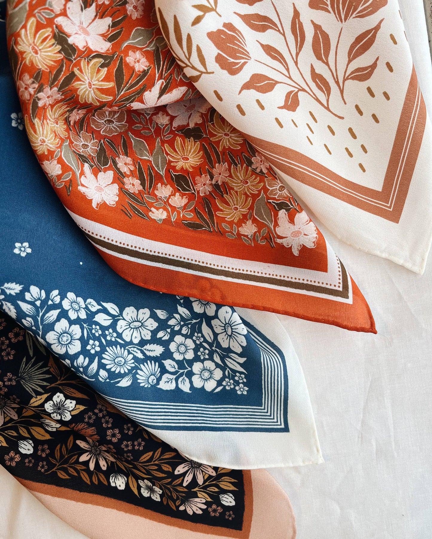 Flora West Design - 100% Silk Bandana Scarf -Santorini Floral China Blue Western