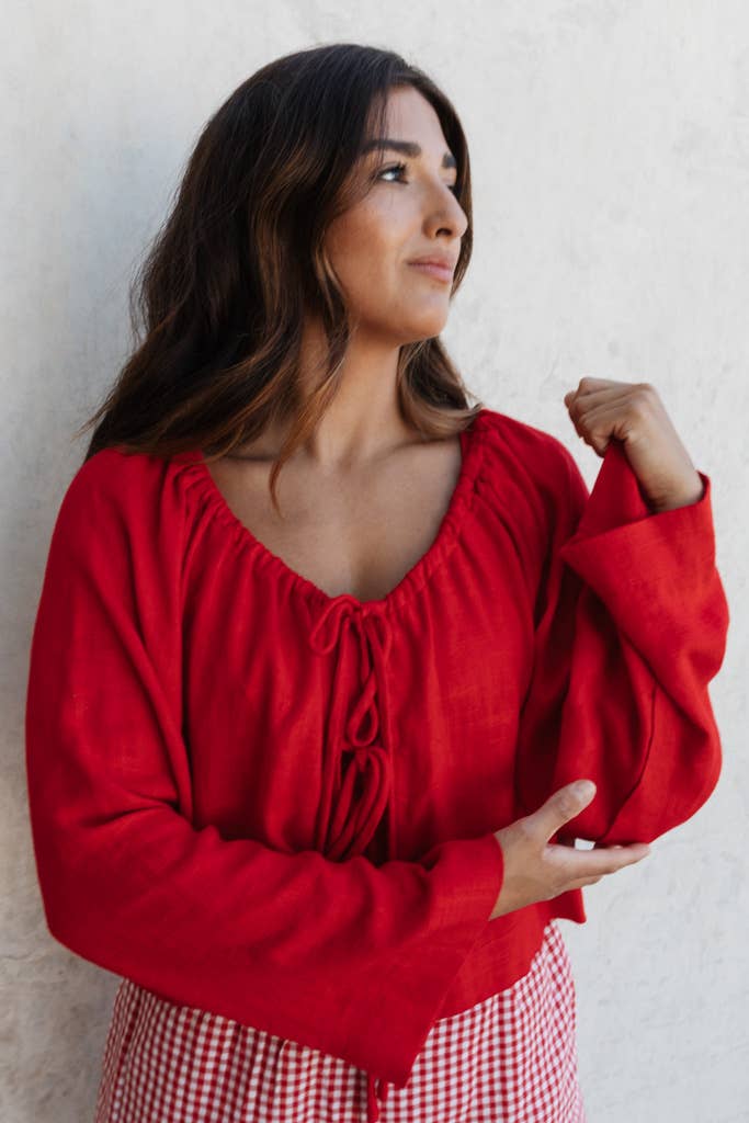Red Linen Blend Top: S/M