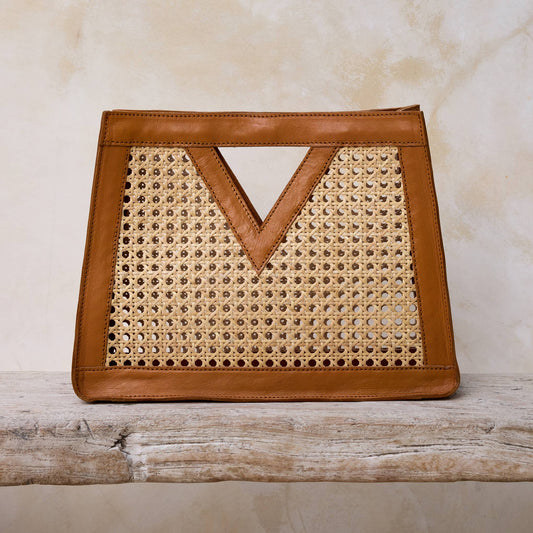 Rattan Cane Weave Triangle Tote Bag with Brown Leather Trim