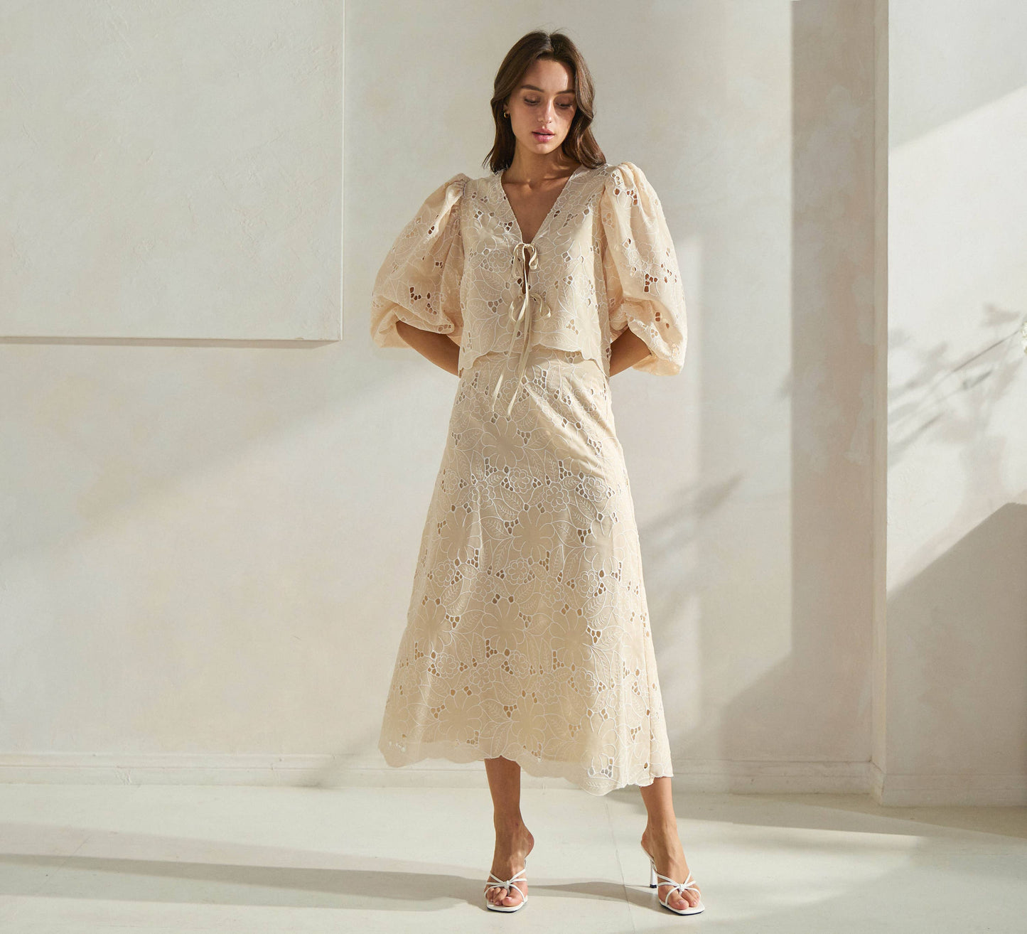 Able - Floral Eyelet-Embroidered Top: Butter Cream / S