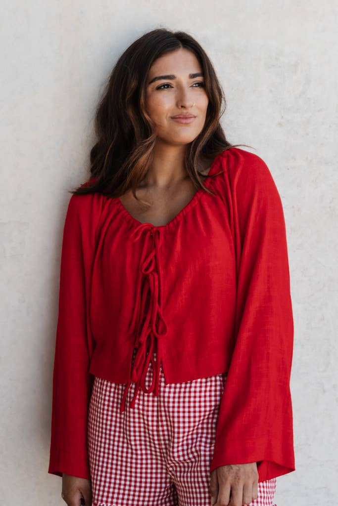 Red Linen Blend Top: L/XL