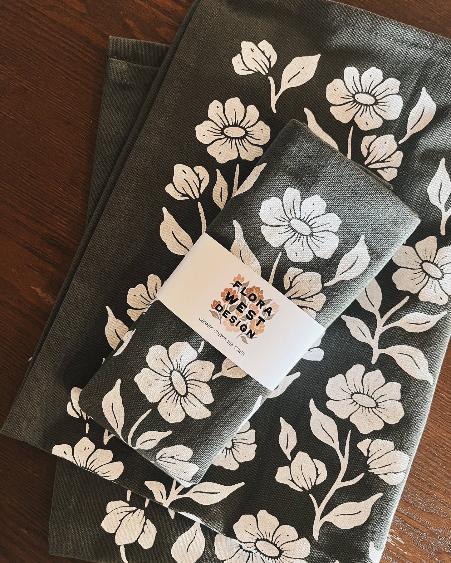 Flora West Design - Organic Cotton Tea Towel Kitchen Accessories Floral on Olive