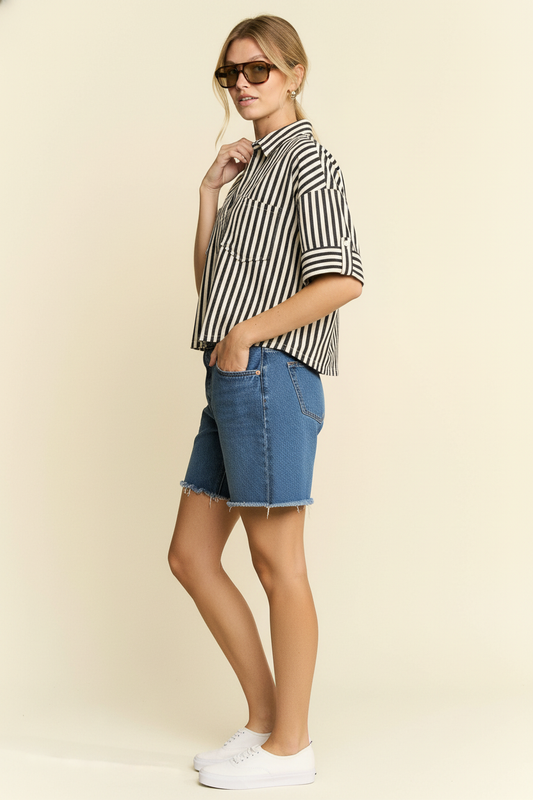 STRIPE COLLAR SHORT SLEEVES SHIRT: CEMENT / M