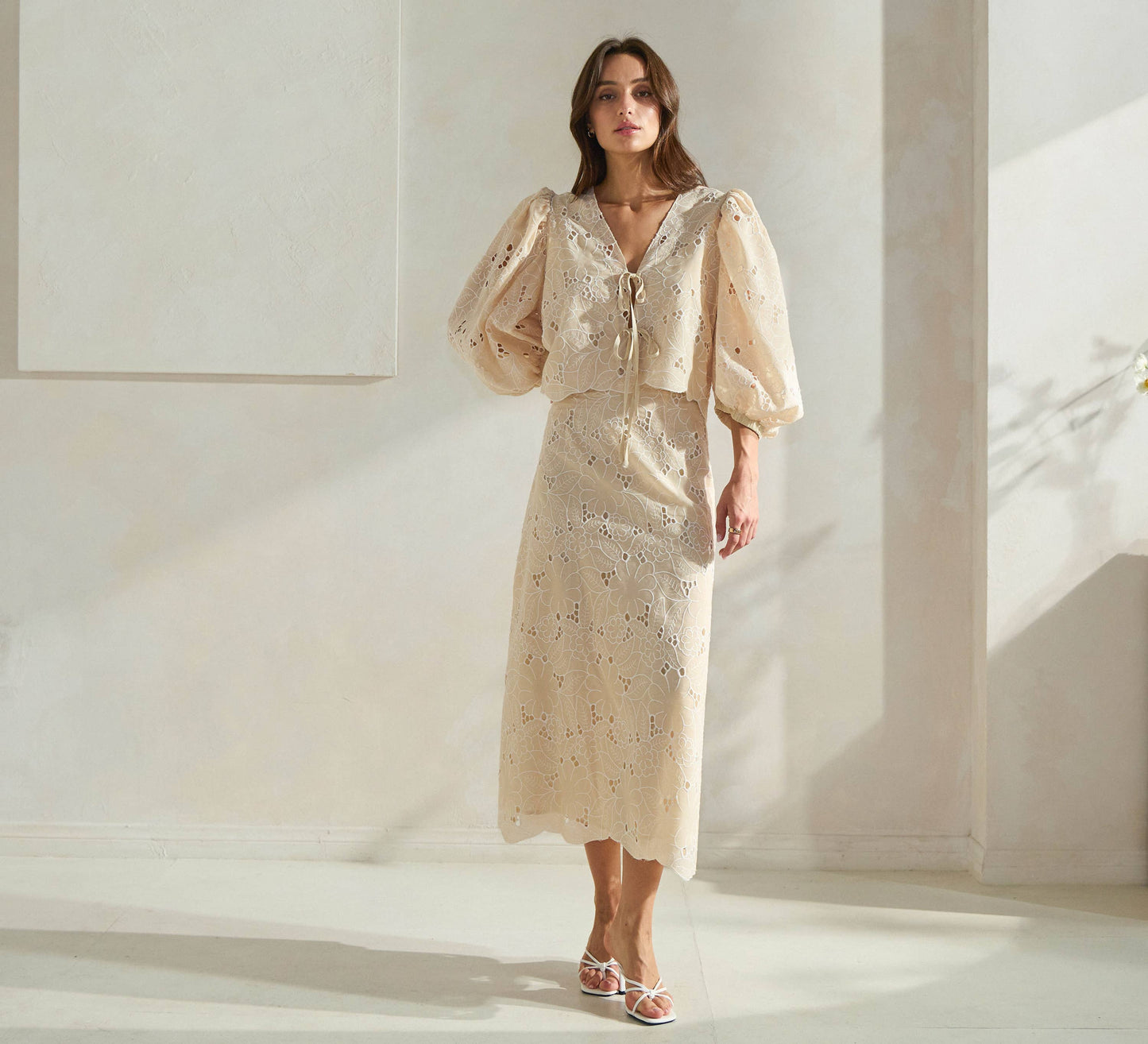 Able - Floral Eyelet-Embroidered Top: Butter Cream / S