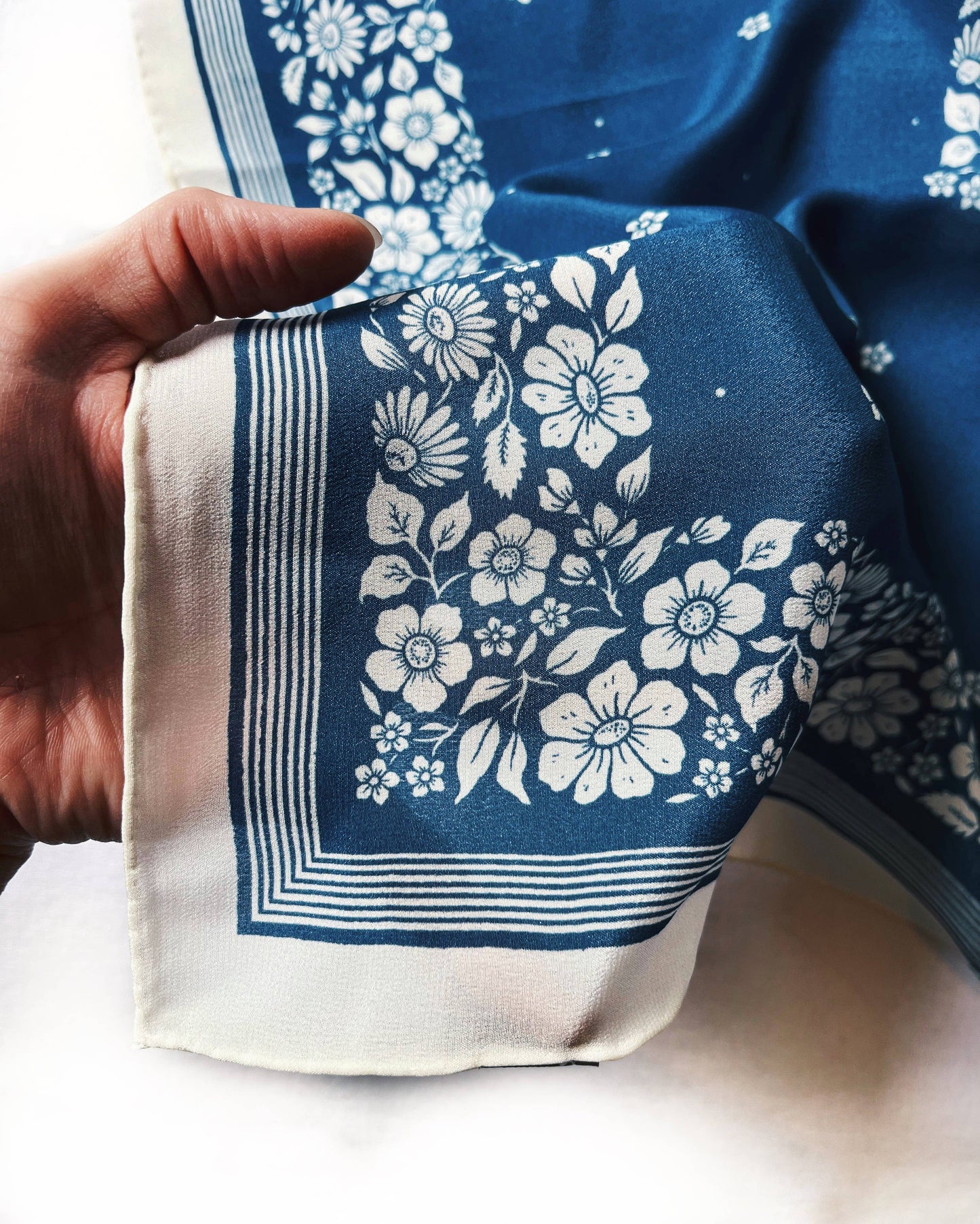 Flora West Design - 100% Silk Bandana Scarf -Santorini Floral China Blue Western