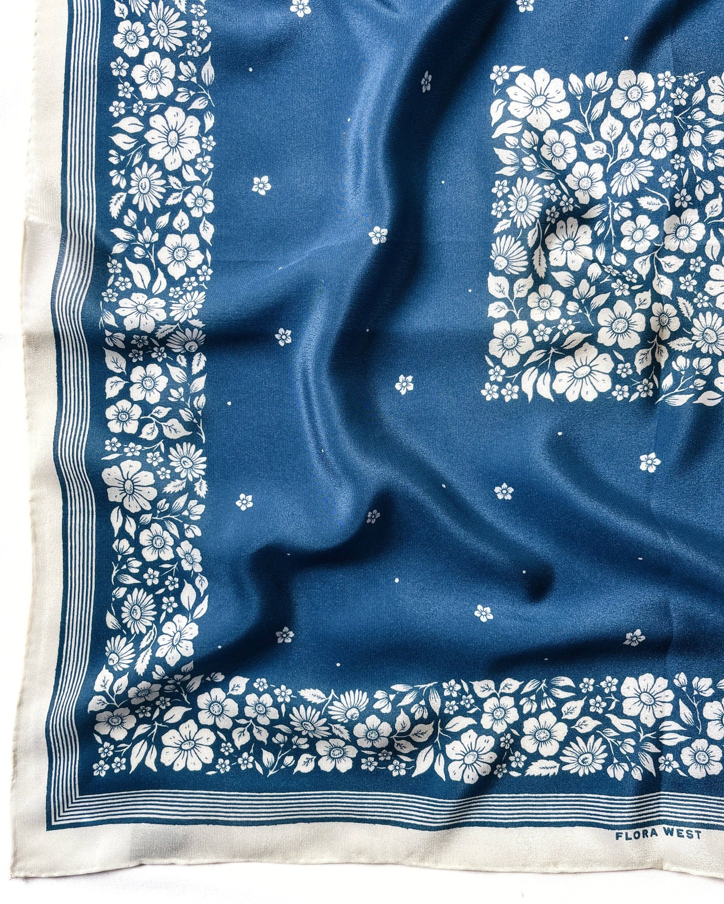 Flora West Design - 100% Silk Bandana Scarf -Santorini Floral China Blue Western