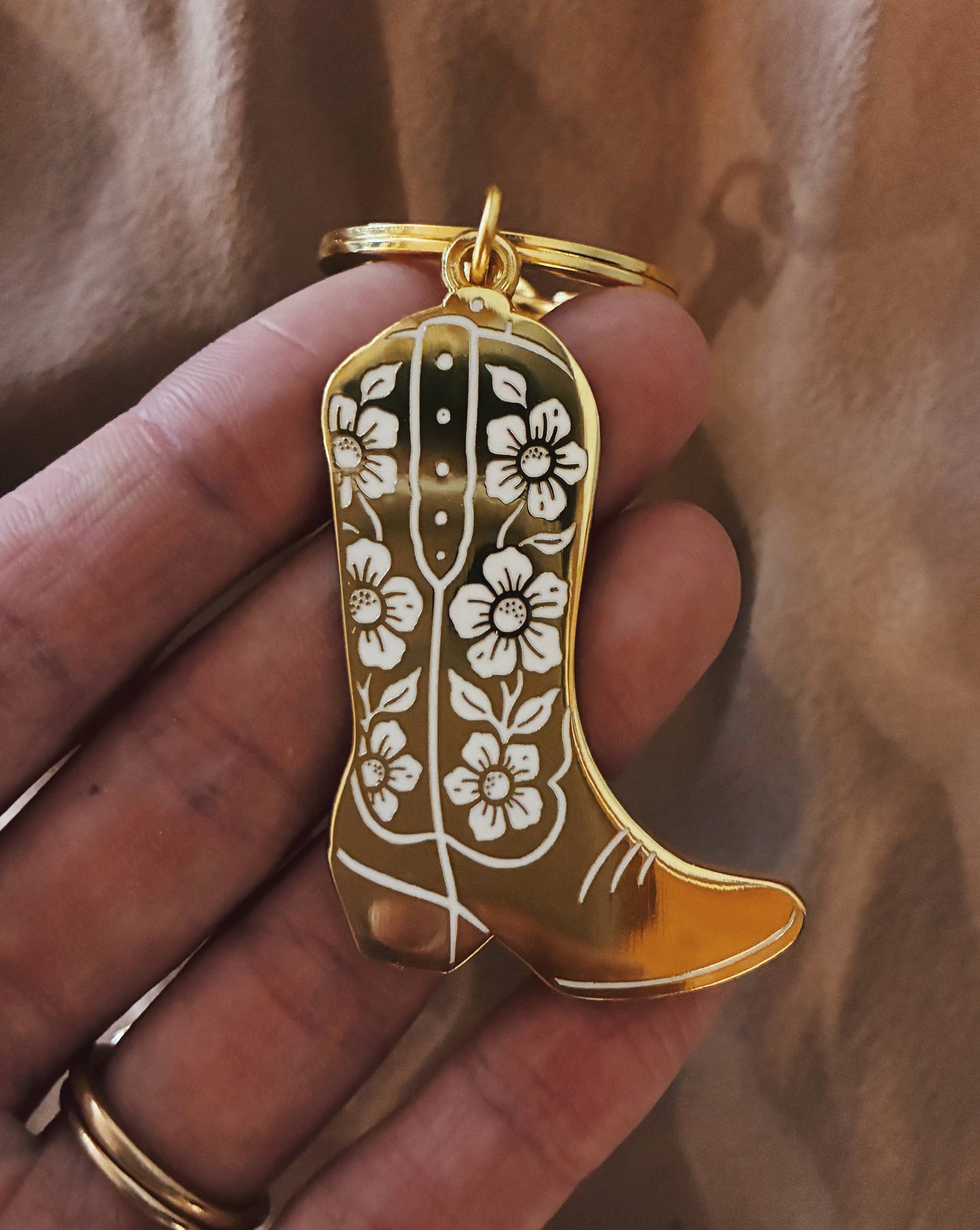 Flora West Design - Cowboy Boot Keychain – Gold Enamel Accessory for Bags or Key