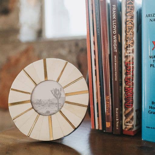 Matr Boomie Fair Trade - Mukhendu 2.5x2.5 Round Picture Frame - Bone, Brass Accents